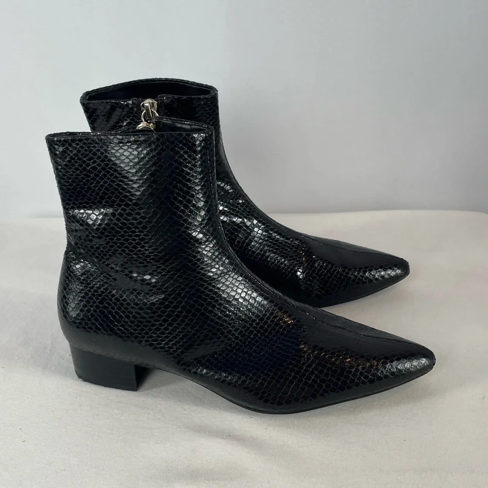 Zara‎ Snakeskin Embossed Leather Pointed Toe Booties in Black Size 6.5 or 37